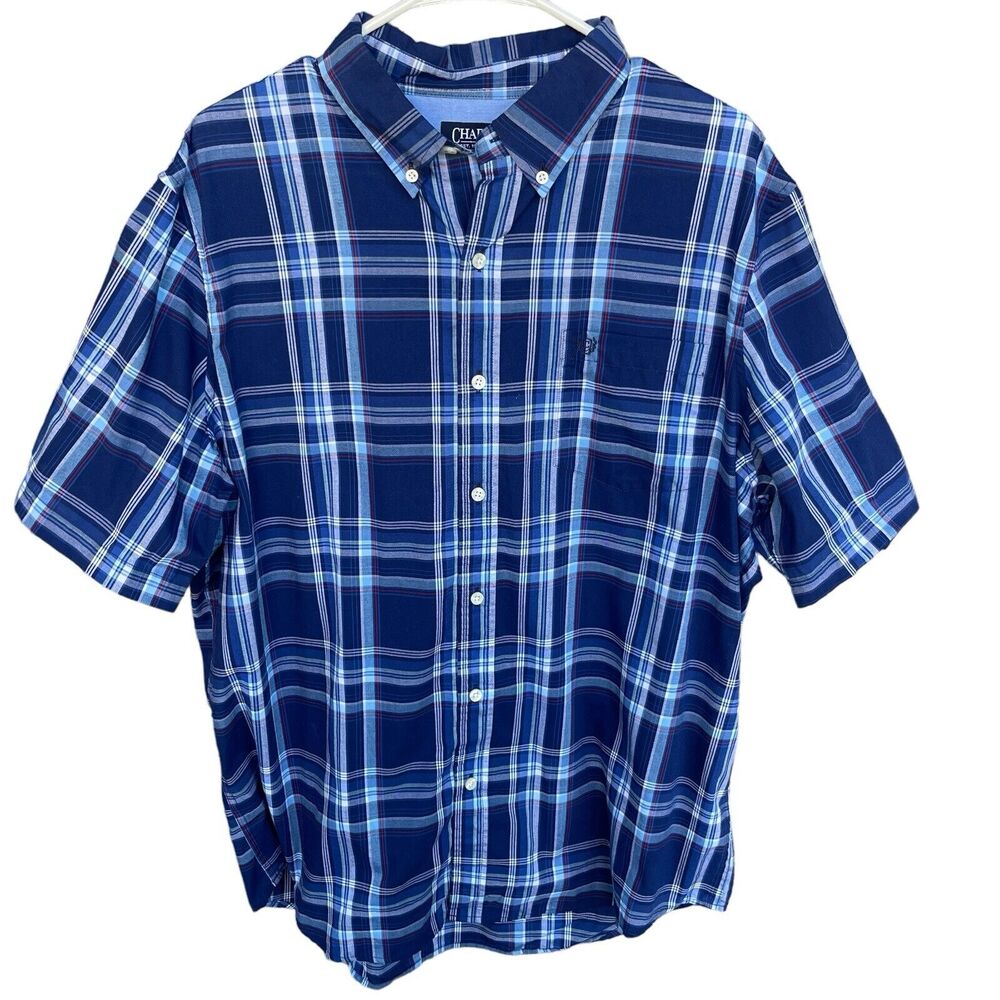 Chaps Button Up Shirt‎ Mens Medium Easy Care Blue Plaid Short Sleeve